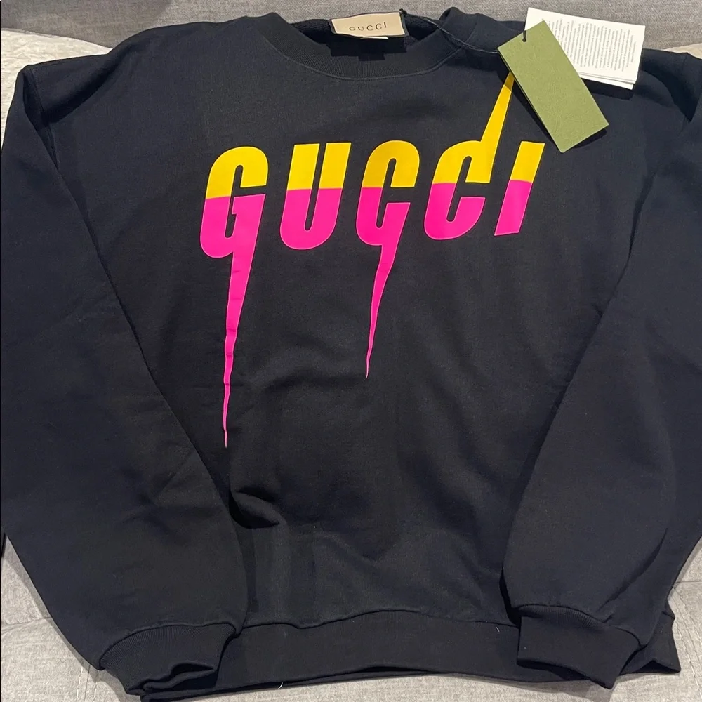 Gucci Men's Black Crewneck Sweater with Vibrant Logo